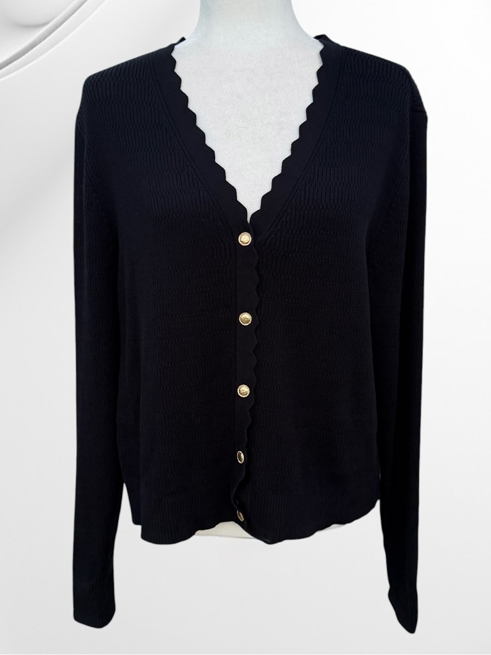 CAbi Treasure Cardigan Jet Black Fine Knit Scalloped V-Neck Cardigan, XL
